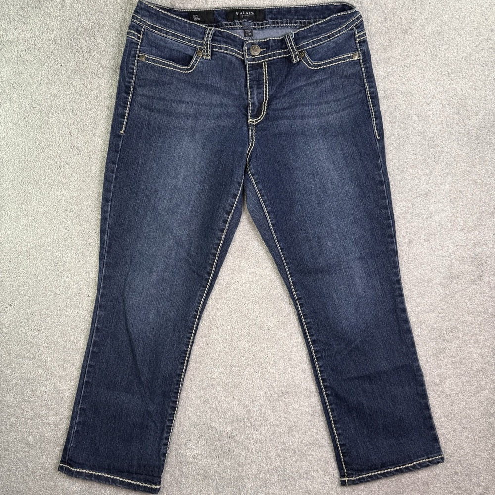 ⁠Nine West Jeans Womens 10 Capris Dark Wash Flap Pocket Thick Stitch Embellished